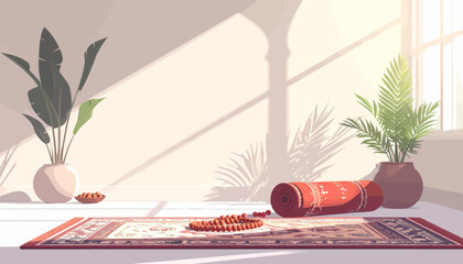 A peaceful room with a prayer mat, prayer beads, and potted plants, bathed in sunlight.