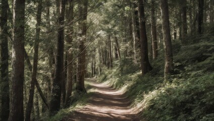 Fototapeta premium A sun-dappled path weaves through a dense forest, tall trees line the way