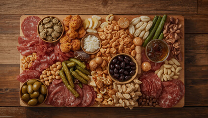 Elegant antipasto board with cured meat, olives, pickles and snacks creating warm inviting spread