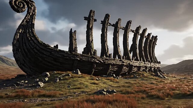 Cinematic Landscape with Mysterious Ribbed Dragon Structure in Tundra
