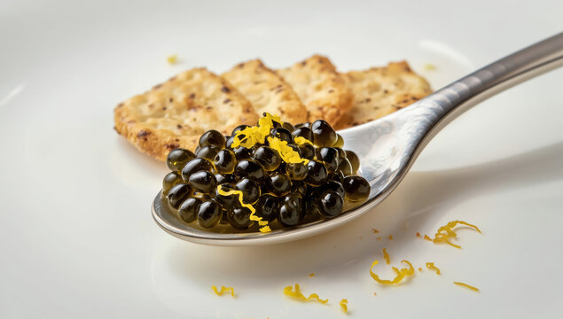 Black lumpfish caviar on spoon with lemon zest and cracker garnish, elegant appetizer