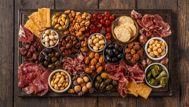 Elegant antipasto board with cured meat, olives, nuts, crackers and pickled peppers - Powered by Adobe