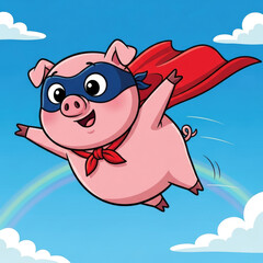 Cute cartoon superhero pig flying through the sky with a red cape and mask.