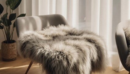 Soft sunlight illuminates a chair with a fluffy throw and potted plant near sheer curtains