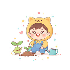 Cute chibi planting tree environmental education vector