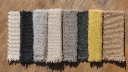Rectangular fabric swatches of various colors, displayed on a wooden surface