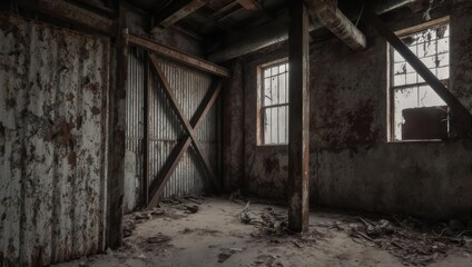 An aged, rustic interior with peeling paint, barred windows, and a weathered wooden structure