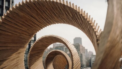 A wooden, spiral-shaped art installation in an urban setting, creating a visual vortex