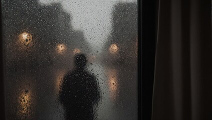 A silhouetted figure stands behind a rain-streaked window, city lights blurred in the background