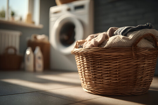 Wicker basket with dirty clothes near washing machine in laundry room