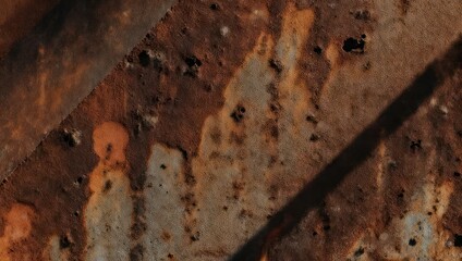Close-up of a rusty, textured metal surface, with diagonal lines and varying shades of brown