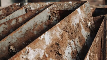 Close-up shows weathered, decaying metal structures with a repeating, angular design