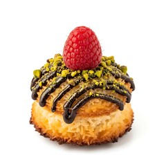 Illustration of a coconut cream puff pastry topped with chocolate drizzle and a fresh raspberry