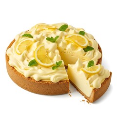Illustration of delicious lemon cheesecake with a slice cut out topped with mint