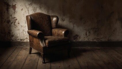 A worn, leather armchair sits in a dimly lit, aged room with peeling walls and wooden floor