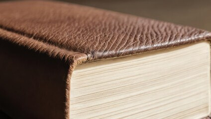 Close-up of a closed book bound in textured brown leather, pages subtly visible