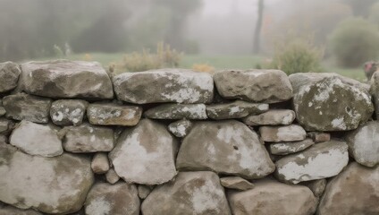 Stone wall with fog, green grass, and out-of-focus trees in a misty landscape
