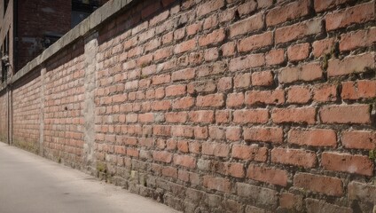 Weathered red brick wall with a concrete cap and a pedestrian walkway alongside it