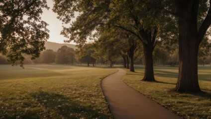 A pathway winds through a sunlit park, framed by trees with a subtle background