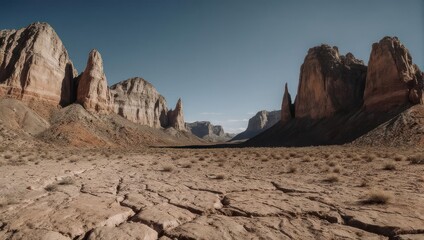 Desert landscape showcasing towering rock formations, cracked earth, and a clear blue sky