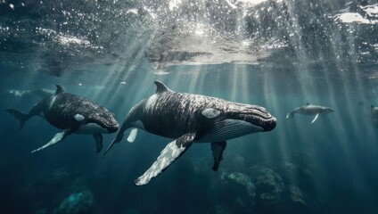 Underwater shot reveals orca whales swimming in sunlit depths, marine life and ocean