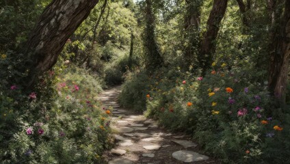 Serene stone path winds through lush greenery and vibrant wildflowers, bathed in sunlight