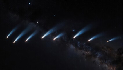 Celestial scene showcases a line of comets streaking across a star-filled cosmic canvas