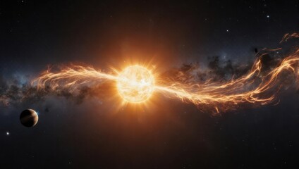 Fiery cosmic scene of a bright star, with swirling nebulae and a planet in the distance