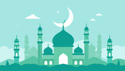 Stylized illustration of a mosque with multiple domes and minarets under a crescent moon and stars, in a serene teal and blue color palette, depicting Islamic architecture.