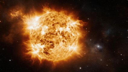 A bright, fiery celestial body, with a corona and stars in a deep space background