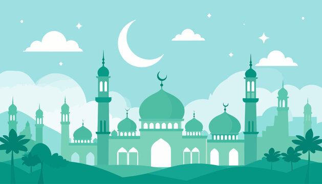 A serene illustration of a mosque with multiple domes and minarets under a crescent moon and starry sky, surrounded by green hills and palm trees. - Powered by Adobe