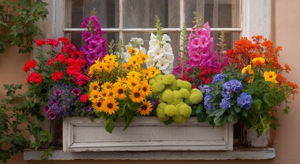 Fototapeta premium A window box filled with colorful flowers. the flowers include yellow zinnias, red geraniums, purple lavender, and white petunias. 