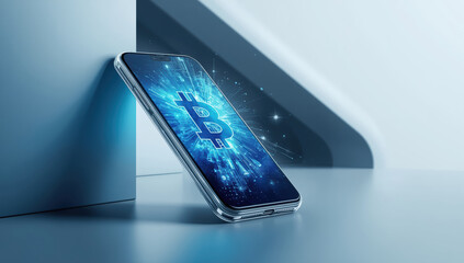 Digital smartphone displaying glowing bitcoin symbol with futuristic data burst