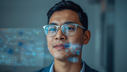 Young entrepreneur wearing glasses looks transparent digital interface with thoughtful expression