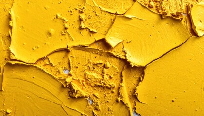Vivid abstract texture featuring thick impasto yellow paint heavily cracked and peeling revealing subtle underlying layers creating a dynamic surface background element