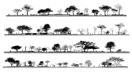 Illustration vectorielle monochrome de silhouettes d'arbres vari&eacute;s sur des lignes d'horizon, id&eacute;ale pour des designs architecturaux avec un fond transparent.