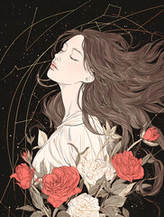 a beautiful girl with long hair, surrounded by roses and peonies, with lines of constellations drawn in the background.