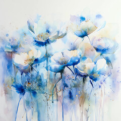 abstract blue and white flowers, a watercolor painting with gold accents on a light background.