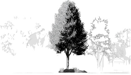 Illustration vectorielle monochrome d'un arbre stylis&eacute; avec ombrage, parfait pour un arri&egrave;re-plan transparent et des projets de design &eacute;cologique.