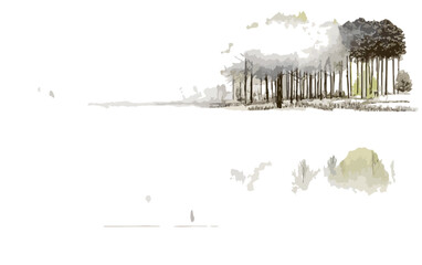 Illustration transparente et minimaliste d'une for&ecirc;t se refl&eacute;tant dans l'eau, &eacute;voquant la s&eacute;r&eacute;nit&eacute; naturelle et un design &eacute;pur&eacute;.