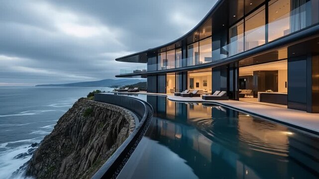 Luxury Modern Cliffside Mansion Infinity Pool Ocean View Cinematic Footage