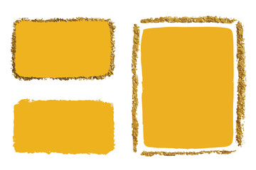 Ensemble de cadres et bordures rectangulaires textur&eacute;s jaune moutarde et dor&eacute;, dessin&eacute;s &agrave; la main, parfaits pour des &eacute;l&eacute;ments graphiques polyvalents.