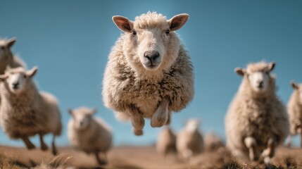 Fototapeta premium A group of sheep is seen in a grassy area. One sheep jumps into the air while others are scattered around. The sky is clear and blue typical of daytime.