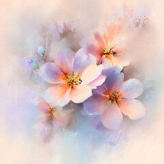 watercolor painting of delicate pastel pink and peach flowers, with soft blurred edges, on a light background
