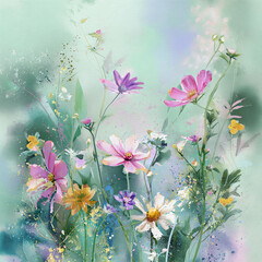 watercolor wildflowers, daisies, and cosmos in soft pastel colors on a light green background, with blurred edges and detailed rendering.