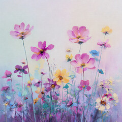 an oil painting of cosmos flowers, featuring pastel colors and a soft background in shades of pink, purple, yellow, and blue.
