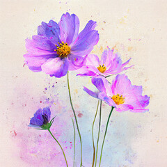 purple cosmos flowers, watercolor on canvas background, soft pastel colors.