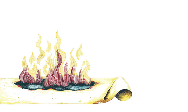 Illustration d&eacute;taill&eacute;e d'un vieux parchemin enroul&eacute; et br&ucirc;lant avec des flammes vives, isol&eacute; sur fond blanc pour un effet transparent.