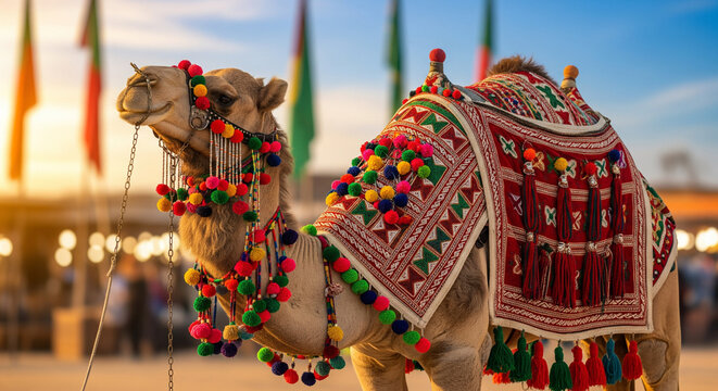Decorated Dromedary Camel at Bikaner Camel Festival, Rajasthan, India - Long Exposure Photography
