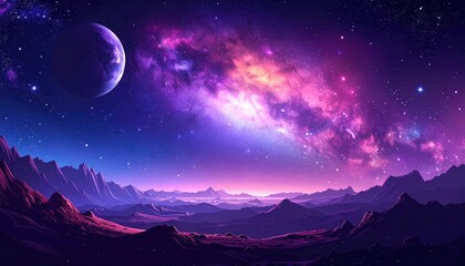 Vibrant Cosmic Landscape with Distant Planet and Nebula.